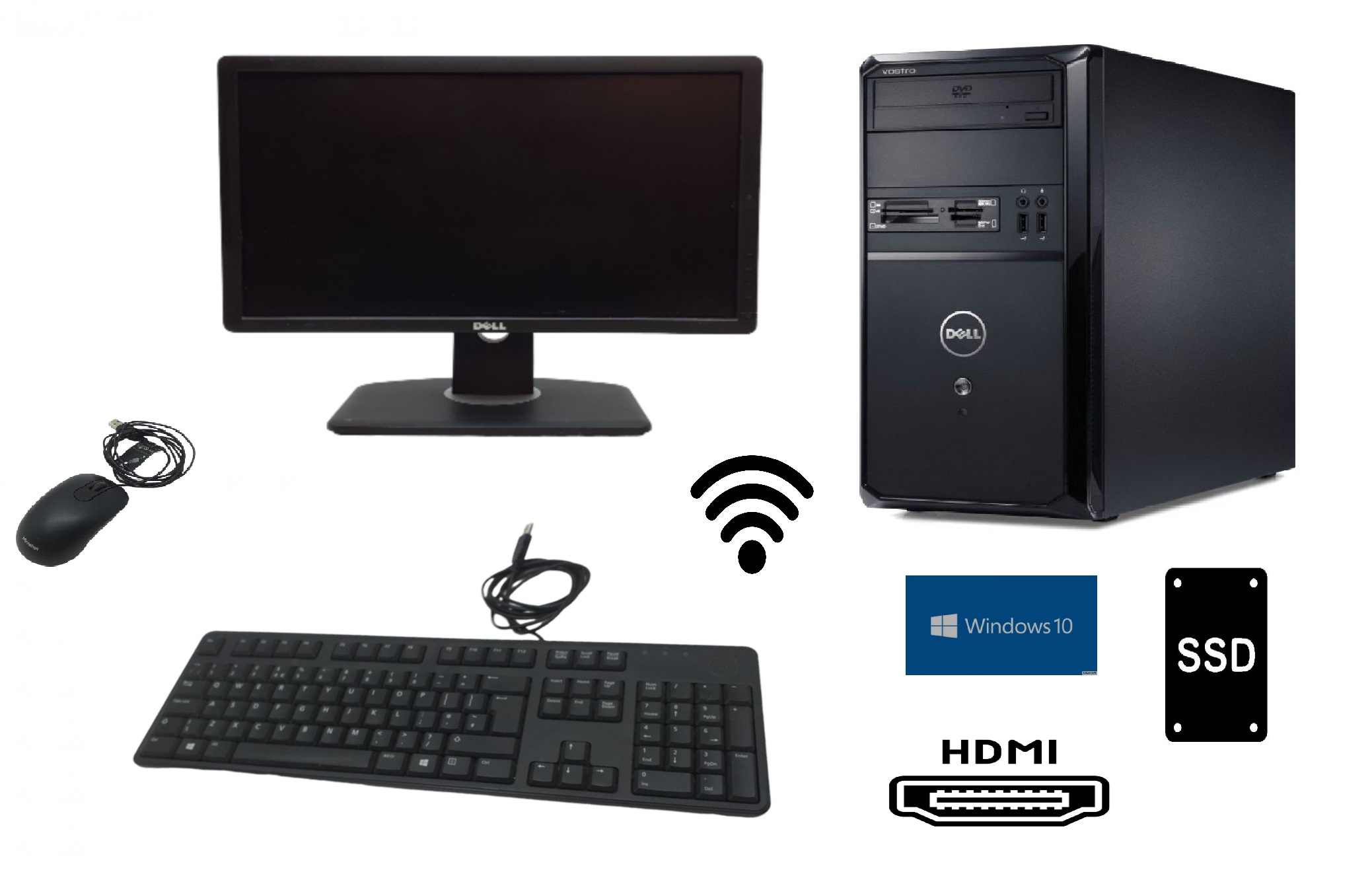 Dell PC INTEL i5 8GB 240GB SSD 19" Monitor - Keyboard - Mouse - Win 10 Pro WiFi HDMI
