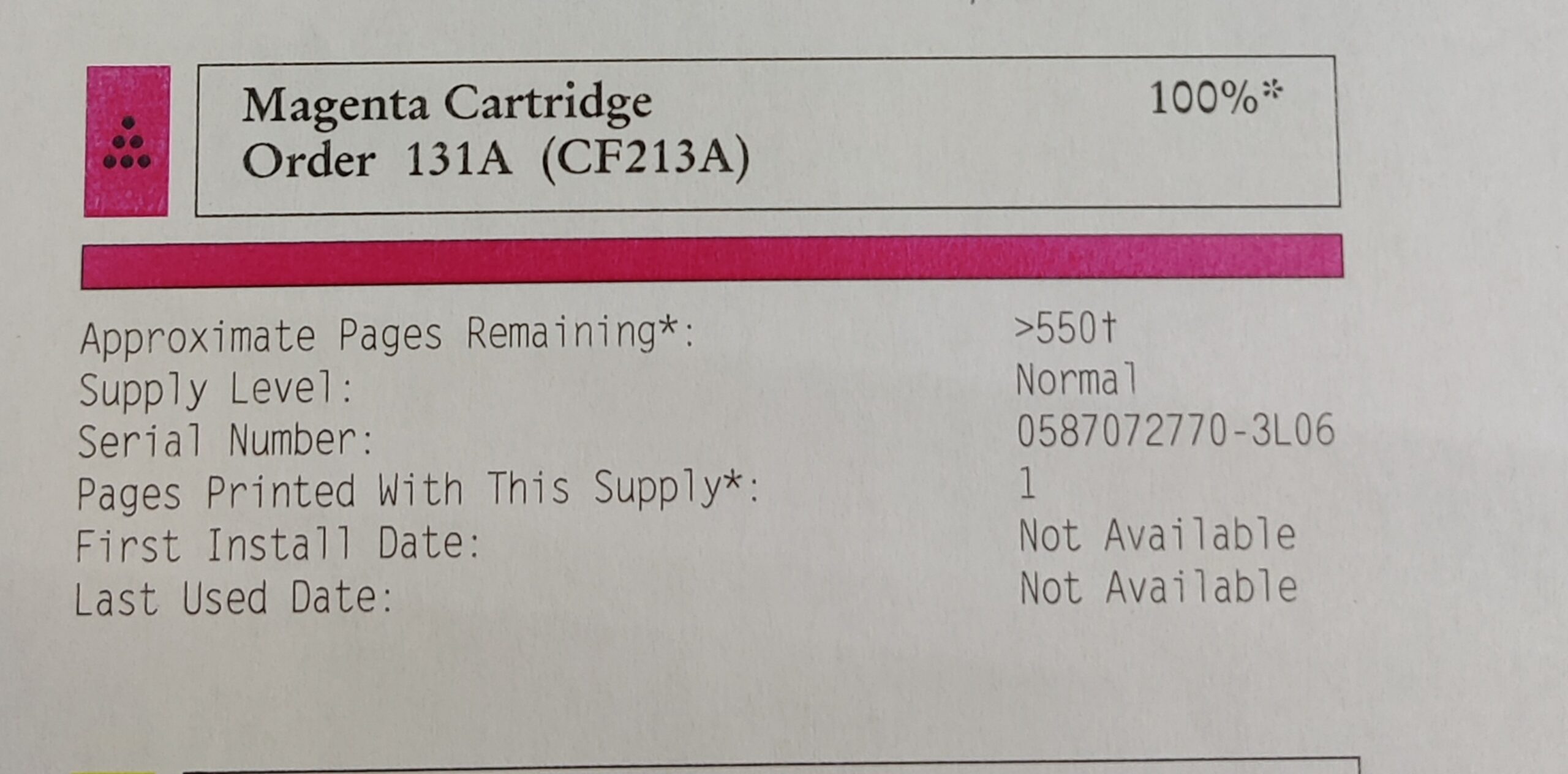 HP ORIGINAL *Opened* LaserJet Toner Cartridge - Magenta (CF213A) low yield 2 test prints - Image 2