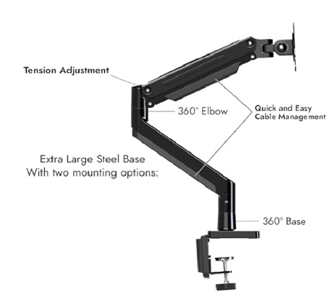 INVISION MX450 ERGONOMIC GAS ASSISTED MONITOR ARM 24"-49" VESA - Image 2