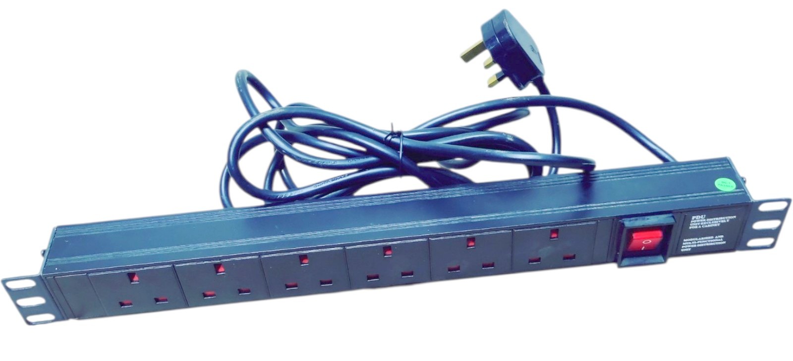 6 Way UK Horizontal 1U Rack Mount PDU with Rack Brackets with 3m UK mains lead